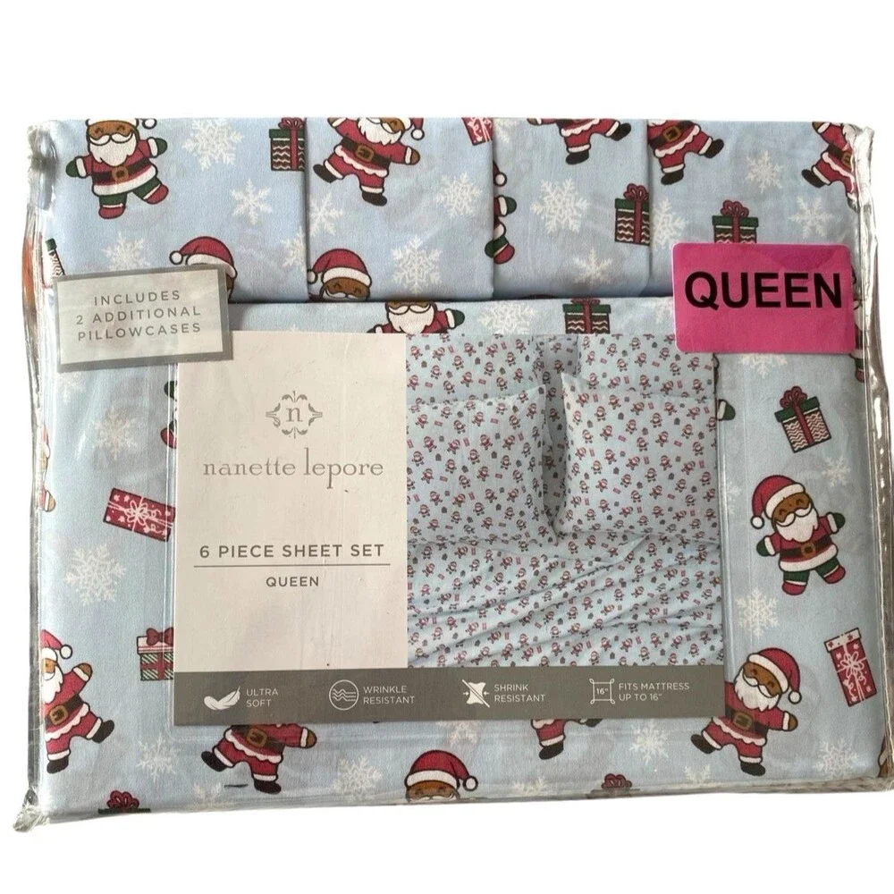 Nanette Lepore Queen Christmas Sheet Set 6-Piece Santa Holiday Bedding
